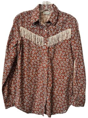 Vintage 70’s h.i.s. Western Fringe Floral Pearl Snap Shirt Boho Cowboy Cotton L
